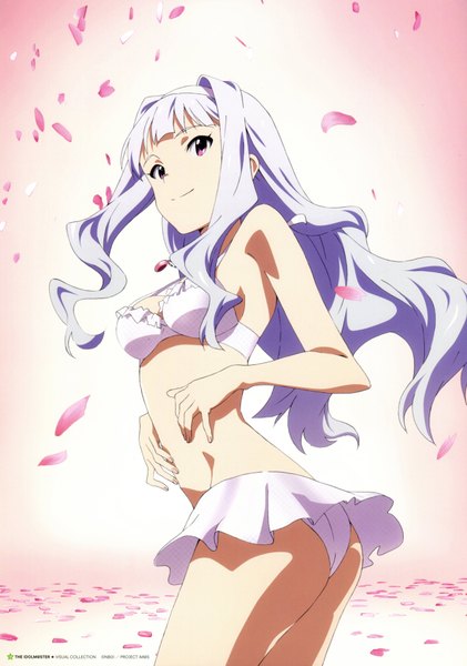 Anime picture 1280x1823 with idolmaster shijou takane single long hair tall image light erotic purple eyes white hair looking back girl swimsuit petals pendant
