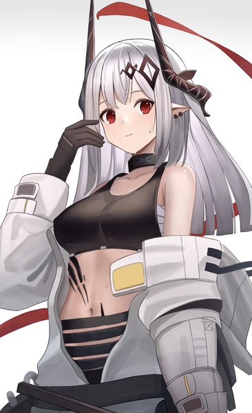 Anime picture 1434x2353 with arknights mudrock (arknights) teruru (teruru0321) single long hair tall image looking at viewer breasts light erotic simple background red eyes large breasts white background silver hair horn (horns) pointy ears sweat oripathy lesion (arknights) girl gloves