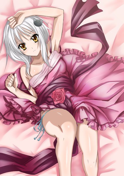 Anime picture 2894x4093 with highschool dxd toujou koneko single tall image looking at viewer blush fringe highres short hair light erotic bare shoulders yellow eyes bent knee (knees) white hair lying parted lips from above official art bare legs armpit (armpits)
