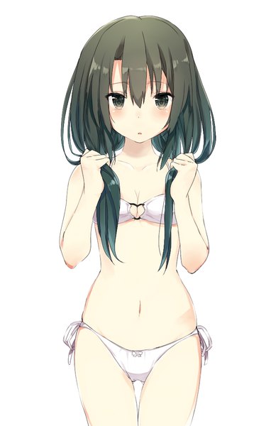 Anime picture 700x1100 with kantai collection zuikaku aircraft carrier seki (l0410706268) single long hair tall image looking at viewer blush fringe breasts light erotic black hair simple background hair between eyes cleavage parted lips black eyes thigh gap ass visible through thighs holding hair