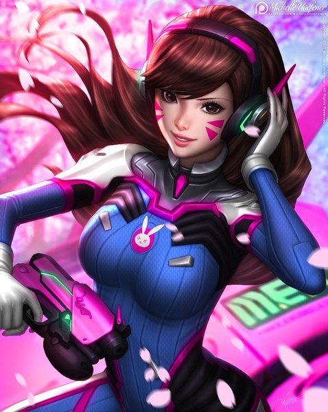 Anime-Bild 944x1185 mit overwatch blizzard entertainment d.va (overwatch) meka (overwatch) michelle hoefener single long hair tall image looking at viewer fringe smile brown hair standing holding brown eyes signed upper body outdoors parted lips wind