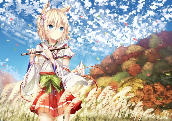 Anime picture 5015x3541 with original morerin single blush highres short hair blue eyes blonde hair animal ears absurdres cloud (clouds) tail traditional clothes animal tail fox ears fox tail fox girl miko girl hair ornament