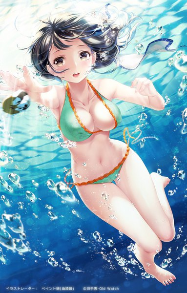 Anime picture 639x1000 with original paint musume single long hair tall image breasts open mouth light erotic black hair large breasts brown eyes full body outstretched arm underwater knees touching girl swimsuit bikini bubble (bubbles)