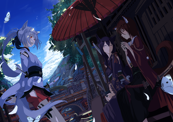 Anime-Bild 2456x1736 mit original mikisai long hair fringe highres open mouth black hair smile hair between eyes red eyes brown hair standing sitting multiple girls holding animal ears looking away sky silver hair cloud (clouds)