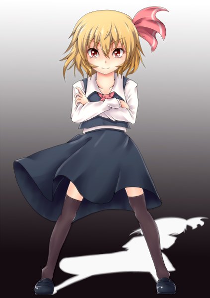Anime picture 1748x2480 with touhou rumia nekotama shun (artist) single tall image highres short hair blonde hair smile red eyes shadow crossed arms girl thighhighs skirt bow hair bow skirt set