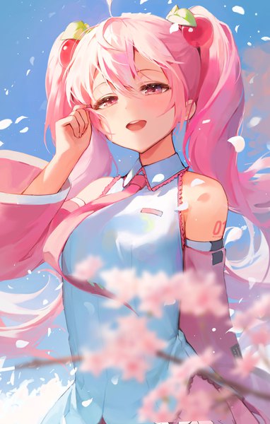 Anime picture 1000x1570 with vocaloid hatsune miku sakura miku eso (toory) single long hair tall image fringe open mouth hair between eyes twintails pink hair upper body :d pink eyes depth of field cherry blossoms girl detached sleeves petals
