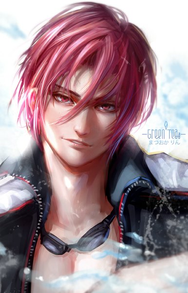 Anime picture 565x878 with free! kyoto animation matsuoka rin midori chacha single tall image short hair red eyes signed pink hair open clothes open jacket boy jacket goggles