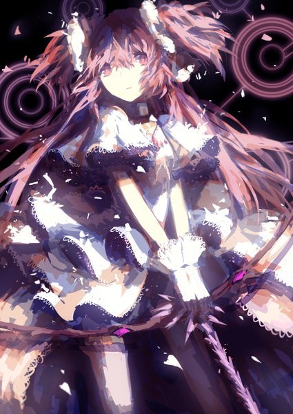 Anime picture 1770x2500 with mahou shoujo madoka magica shaft (studio) kaname madoka goddess madoka prophet chu single tall image looking at viewer highres pink hair very long hair pink eyes two side up magical girl girl thighhighs dress gloves bow weapon