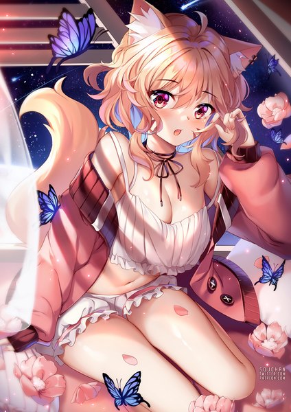 Anime picture 884x1250 with original virtual youtuber indie virtual youtuber shyrei faolan squchan single tall image looking at viewer blush fringe short hair breasts open mouth light erotic blonde hair hair between eyes red eyes sitting signed animal ears