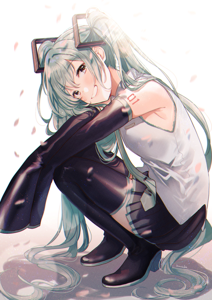 Anime picture 1003x1416 with vocaloid hatsune miku hanako151 single tall image looking at viewer smile twintails signed full body long sleeves very long hair aqua eyes aqua hair shadow grin squat girl detached sleeves petals