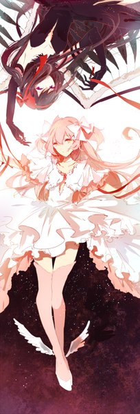 Anime picture 600x1764 with mahou shoujo madoka magica shaft (studio) akemi homura kaname madoka goddess madoka akuma homura yumekabi (windyhsy) long hair tall image looking at viewer fringe black hair simple background smile twintails purple eyes bare shoulders multiple girls yellow eyes pink hair