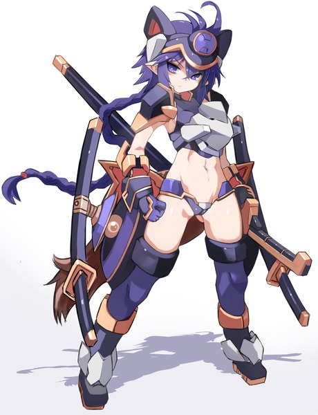 Anime picture 1228x1600 with shinrabanshou matsuhime mujina karukan (monjya) single long hair tall image looking at viewer light erotic simple background standing white background purple eyes purple hair full body braid (braids) pointy ears bare belly shadow ass visible through thighs sheathed