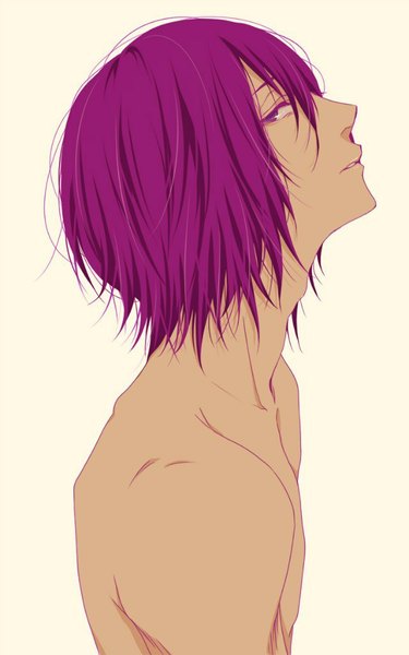 Anime picture 640x1024 with kuroko no basket production i.g murasakibara atsushi nayuta (hanayushi) single tall image looking at viewer short hair simple background white background purple eyes bare shoulders purple hair profile from above boy