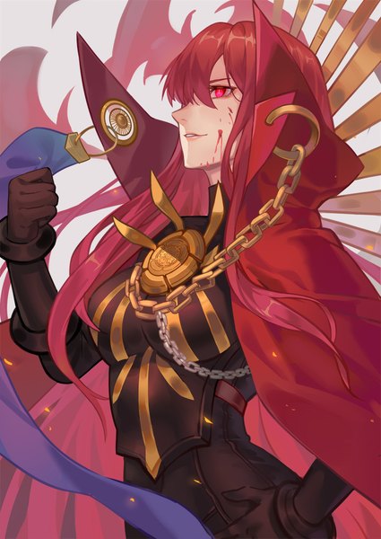 Anime picture 794x1122 with fate (series) fate/grand order oda nobunaga (fate) (all) oda nobunaga (maou avenger) (fate) jolker single long hair tall image fringe hair between eyes red eyes standing looking away upper body red hair profile hand on hip blood on face girl gloves