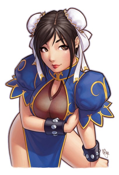 Anime picture 1800x2643 with street fighter chun-li warrenlouw single tall image highres light erotic brown hair white background brown eyes hair bun (hair buns) chinese clothes girl ribbon (ribbons) bracelet chinese dress bun cover spiked bracelet