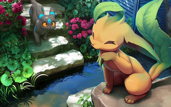 Anime picture 1920x1200 with pokemon nintendo umbreon leafeon lyc highres full body outdoors no people gen 2 pokemon gen 4 pokemon stream flower (flowers) plant (plants) water stone (stones) pokemon (creature)