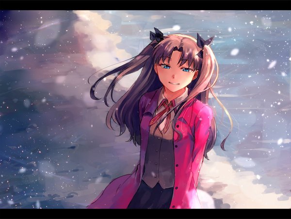 Anime picture 1054x793 with fate (series) fate/stay night type-moon toosaka rin soritexia single long hair looking at viewer fringe blue eyes smile brown hair twintails snowing looking up snow hands behind back girl ribbon (ribbons) shirt