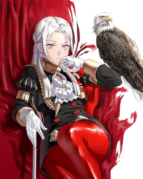 Anime-Bild 3277x4096 mit fire emblem fire emblem: three houses nintendo edelgard von hresvelg sabergoetia single long hair tall image looking at viewer highres simple background sitting purple eyes absurdres white hair long sleeves puffy sleeves expressionless hand on face girl