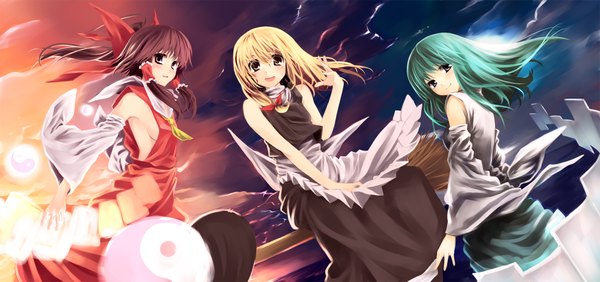 Anime picture 2122x1000 with touhou hakurei reimu kirisame marisa kochiya sanae highres wide image girl