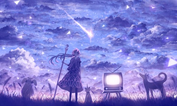 Anime picture 1400x840 with original bounin single long hair looking at viewer wide image sky purple hair cloud (clouds) horn (horns) wind landscape scenic shooting star girl plant (plants) animal cat grass staff