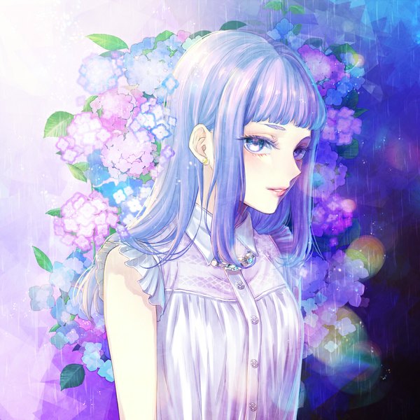 Anime picture 1049x1049 with original ohagi (ymnky) single long hair looking at viewer blush fringe smile purple eyes purple hair parted lips profile wet rain eyebrows girl flower (flowers) choker jewelry hydrangea