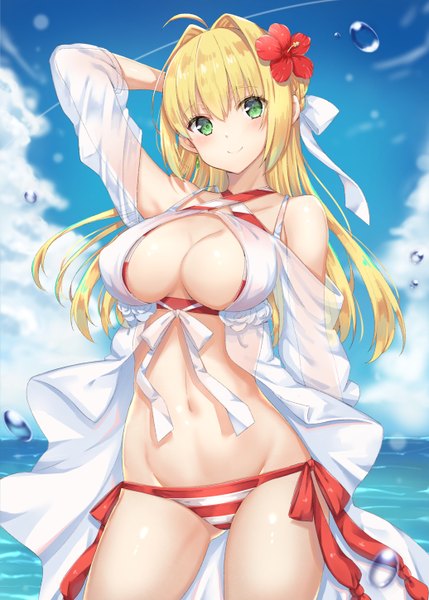 Anime picture 1036x1450 with fate (series) fate/grand order nero claudius (fate) (all) nero claudius (swimsuit caster) (fate) yuzu-aki single long hair tall image looking at viewer blush fringe breasts light erotic blonde hair smile hair between eyes large breasts standing bare shoulders green eyes