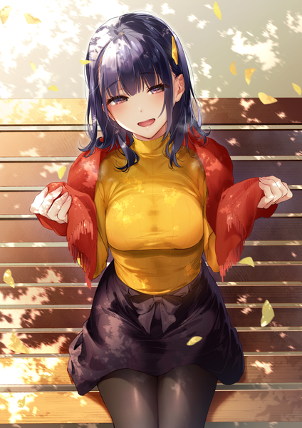 Anime picture 1302x1842 with original akira (natsumemo) single long hair tall image looking at viewer blush fringe breasts open mouth smile holding brown eyes purple hair outdoors blunt bangs nail polish head tilt :d fingernails