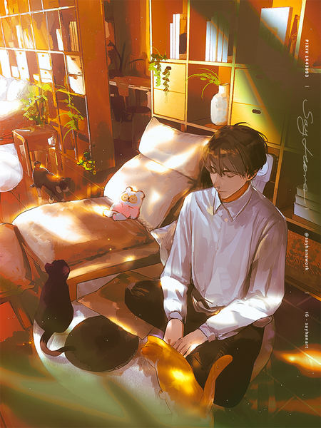Anime picture 740x987 with original say hana single tall image short hair brown hair sitting signed indoors eyes closed indian style boy plant (plants) animal shirt white shirt cat armchair potted plant room