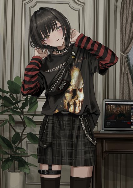 Anime picture 2894x4093 with original nadegata single tall image looking at viewer highres short hair black hair standing yellow eyes indoors long sleeves parted lips head tilt pleated skirt light smile arms up plaid skirt skull and crossbones girl