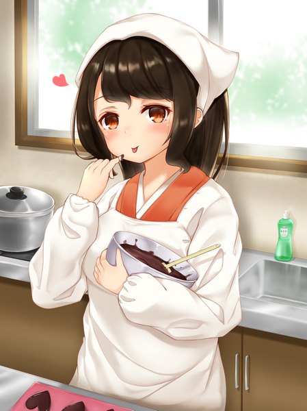 Anime picture 1158x1547 with michikusaya tabirako kokuto (kurousagi1210) single long hair tall image looking at viewer fringe smile brown hair brown eyes long sleeves traditional clothes japanese clothes finger to mouth :p valentine girl food heart