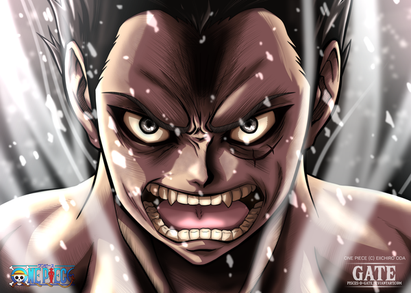 Anime picture 4607x3300 with one piece toei animation monkey d. luffy pisces-d-gate single looking at viewer highres short hair open mouth black hair signed absurdres upper body black eyes teeth fang (fangs) copyright name coloring scar eyebrows