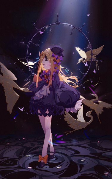Anime picture 2430x3865 with fate (series) fate/grand order abigail williams (fate) erlge single long hair tall image highres blonde hair full body eyes closed long sleeves bare legs light girl dress bow hair bow hat animal