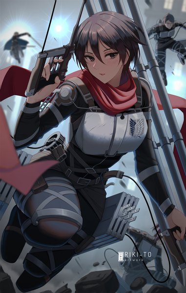 Anime picture 800x1261 with shingeki no kyojin production i.g mikasa ackerman riki-to tall image looking at viewer fringe short hair black hair hair between eyes signed black eyes solo focus girl uniform scarf armor red scarf people