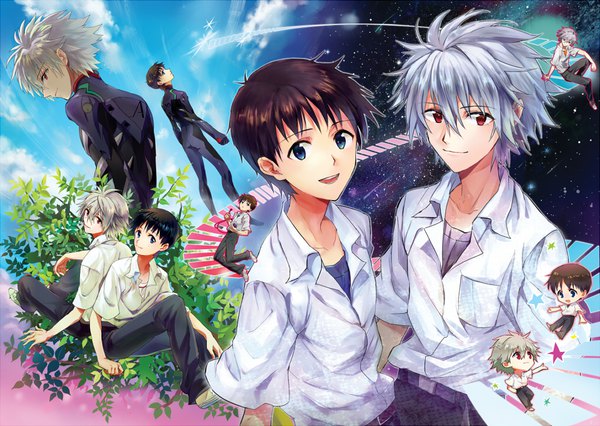 Anime picture 1013x720 with neon genesis evangelion gainax ikari shinji nagisa kaworu karimero (calimer0) looking at viewer fringe short hair open mouth blue eyes smile hair between eyes red eyes brown hair standing sitting looking away silver hair cloud (clouds) full body