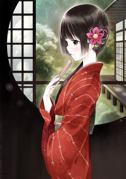 Anime picture 1061x1500 with original miyabi akino single long hair tall image blush fringe black hair looking away traditional clothes japanese clothes profile hair flower black eyes girl hair ornament flower (flowers) plant (plants) tree (trees) window