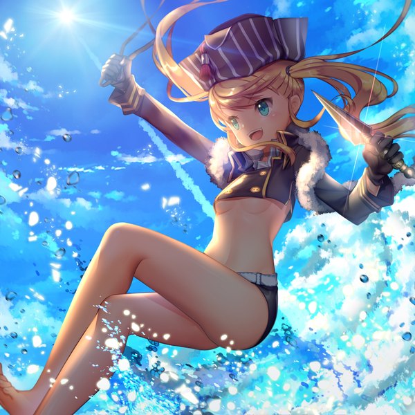 Anime picture 3500x3500 with agrt single long hair fringe highres light erotic blonde hair twintails holding looking away absurdres sky barefoot aqua eyes fingernails sunlight no bra bare legs crossed legs happy