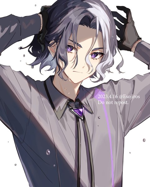 Anime picture 2397x2980 with pokemon pokemon horizons nintendo amethio (pokemon) amaichi esora single tall image looking at viewer highres short hair black hair simple background white background purple eyes silver hair upper body multicolored hair arms up two-tone hair dated