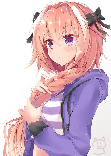 Anime picture 1000x1400 with fate (series) fate/apocrypha astolfo (fate) nahaki single long hair tall image blush fringe simple background hair between eyes white background purple eyes pink hair upper body braid (braids) multicolored hair two-tone hair streaked hair single braid