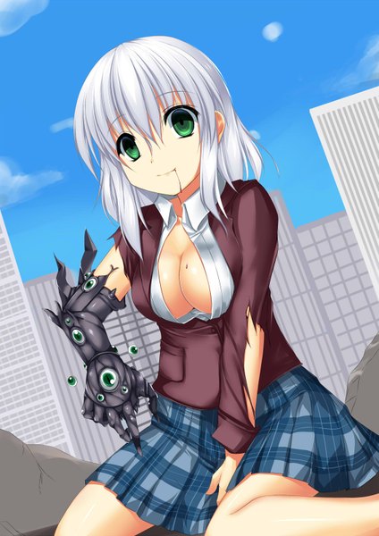 Anime picture 1131x1600 with original hoshizuki (seigetsu) single tall image looking at viewer short hair breasts light erotic green eyes white hair mechanical parts girl skirt miniskirt blood