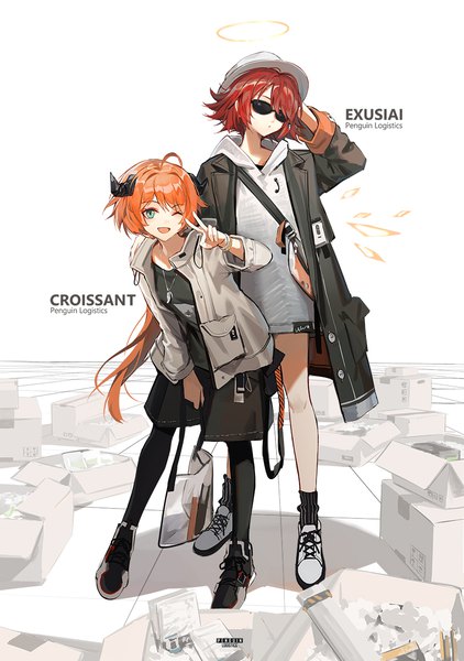 Anime picture 844x1200 with arknights exusiai (arknights) croissant (arknights) huanxiang heitu long hair tall image short hair open mouth blue eyes standing white background multiple girls full body ahoge red hair one eye closed horn (horns) wink orange hair open jacket