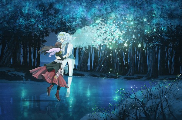 Anime picture 2640x1748 with a i u e oekaki (artist) long hair highres brown hair white hair eyes closed couple hug reflection snow nature formal dissolving faux traditional media dress bow plant (plants) hair bow earrings tree (trees)