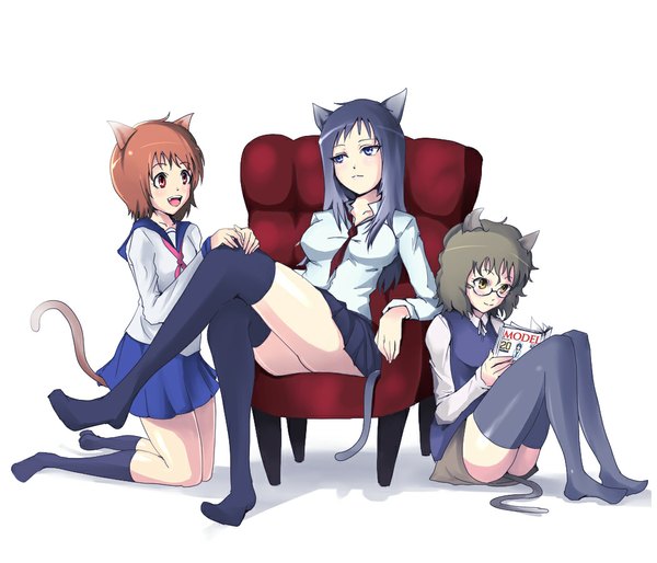 Anime picture 1050x900 with original kasai shin long hair blush short hair open mouth blue eyes black hair simple background smile red eyes brown hair white background sitting multiple girls brown eyes animal ears cat ears cat girl cat tail