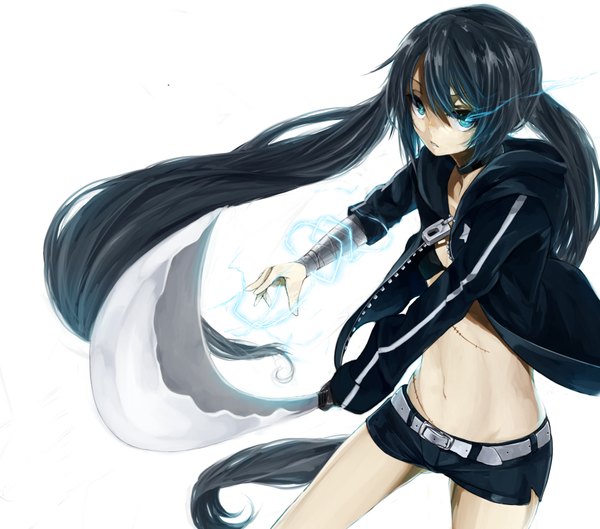 Anime picture 1700x1500 with black rock shooter black rock shooter (character) hajime kaname single looking at viewer highres blue eyes black hair simple background white background twintails very long hair open clothes open jacket glowing scar glowing eye (eyes) electricity girl navel