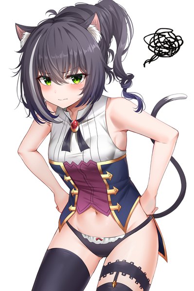 Anime picture 2174x3267 with princess connect! re:dive princess connect! karyl (princess connect!) nyung single long hair tall image looking at viewer blush fringe highres light erotic black hair simple background hair between eyes white background bare shoulders green eyes animal ears payot