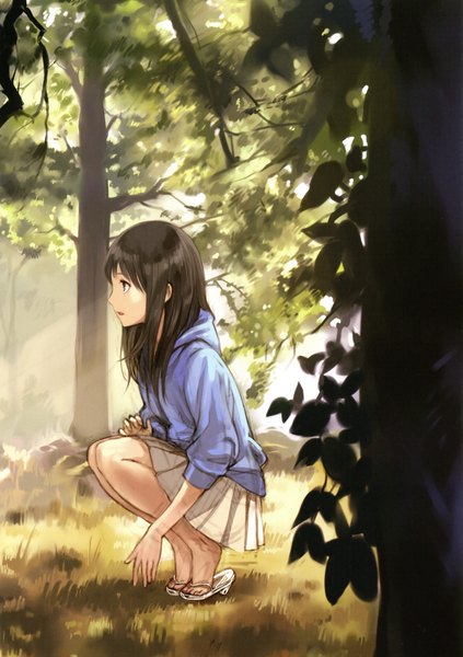 Anime picture 3266x4633 with original kishida mel single long hair tall image highres blue eyes brown hair absurdres profile squat girl plant (plants) tree (trees) forest