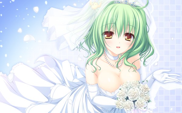 Anime picture 2560x1600 with diva with the blessed dragonol mikagami mamizu single looking at viewer highres short hair light erotic wide image yellow eyes green hair girl dress gloves flower (flowers) petals elbow gloves wedding dress