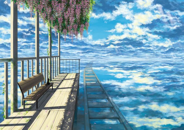 Anime picture 1000x707 with original setsuri sky cloud (clouds) sunlight reflection no people flower (flowers) plant (plants) animal petals water cat bench wisteria train station railways railroad tracks