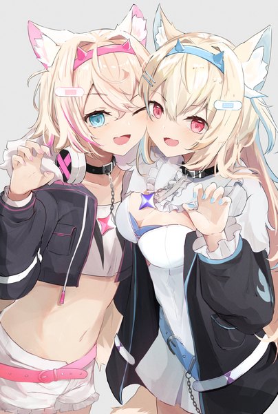 Anime picture 1101x1637 with virtual youtuber hololive hololive english mococo abyssgard fuwawa abyssgard mococo abyssgard (1st costume) fuwawa abyssgard (1st costume) shuuzo3 long hair tall image fringe short hair open mouth blue eyes light erotic simple background blonde hair hair between eyes red eyes multiple girls