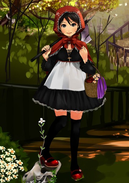 Anime picture 1200x1700 with little red riding hood little red riding hood (character) shigureteki single tall image black hair standing mole girl weapon plant (plants) tree (trees) jewelry cloak ring cross skull basket axe