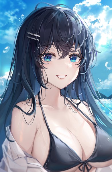 Anime picture 2735x4196 with original yulha 06 single long hair tall image looking at viewer fringe highres breasts blue eyes light erotic black hair smile hair between eyes large breasts sky cloud (clouds) upper body outdoors off shoulder